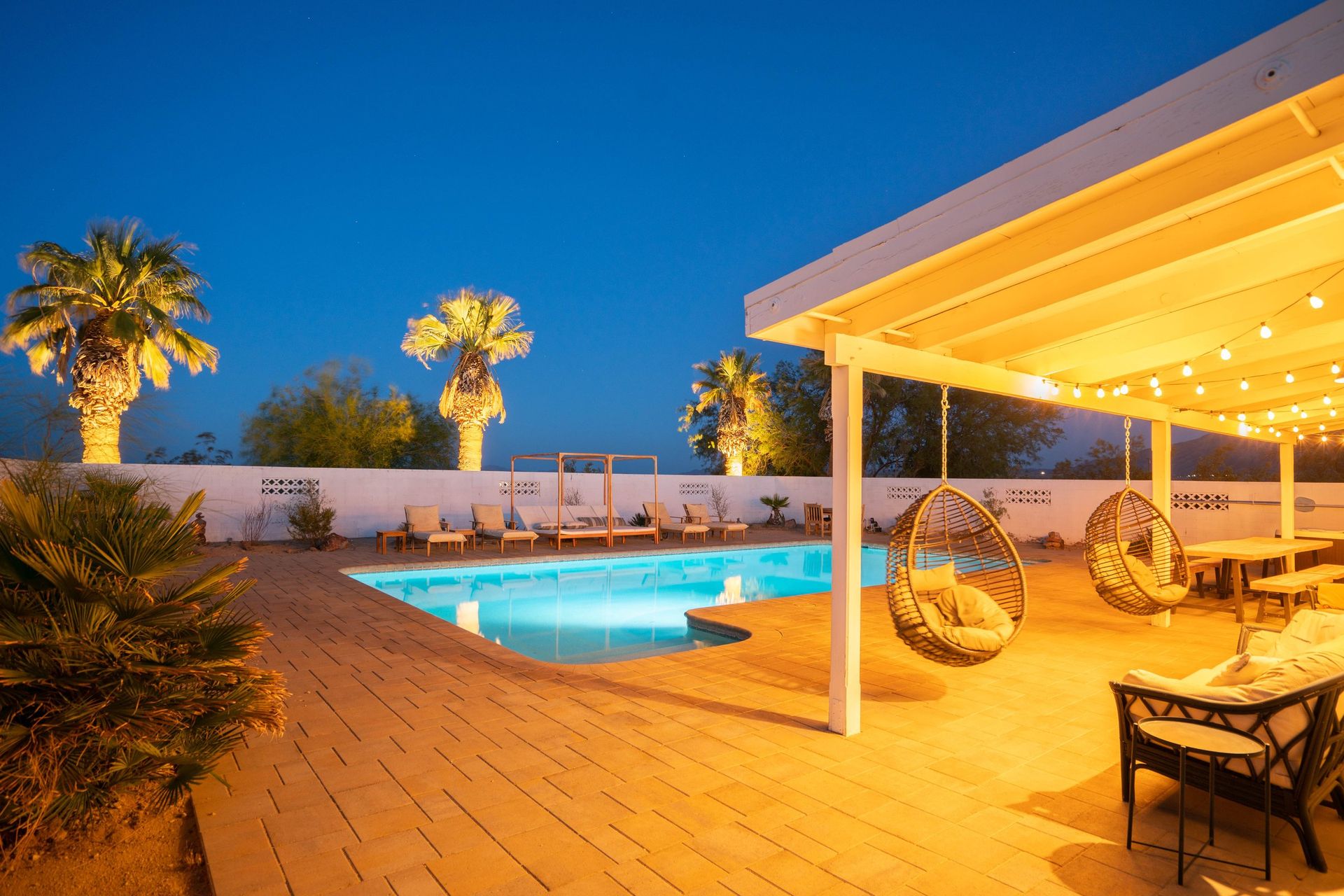 Wonder Valley Ranch compound at twilight near Joshua Tree