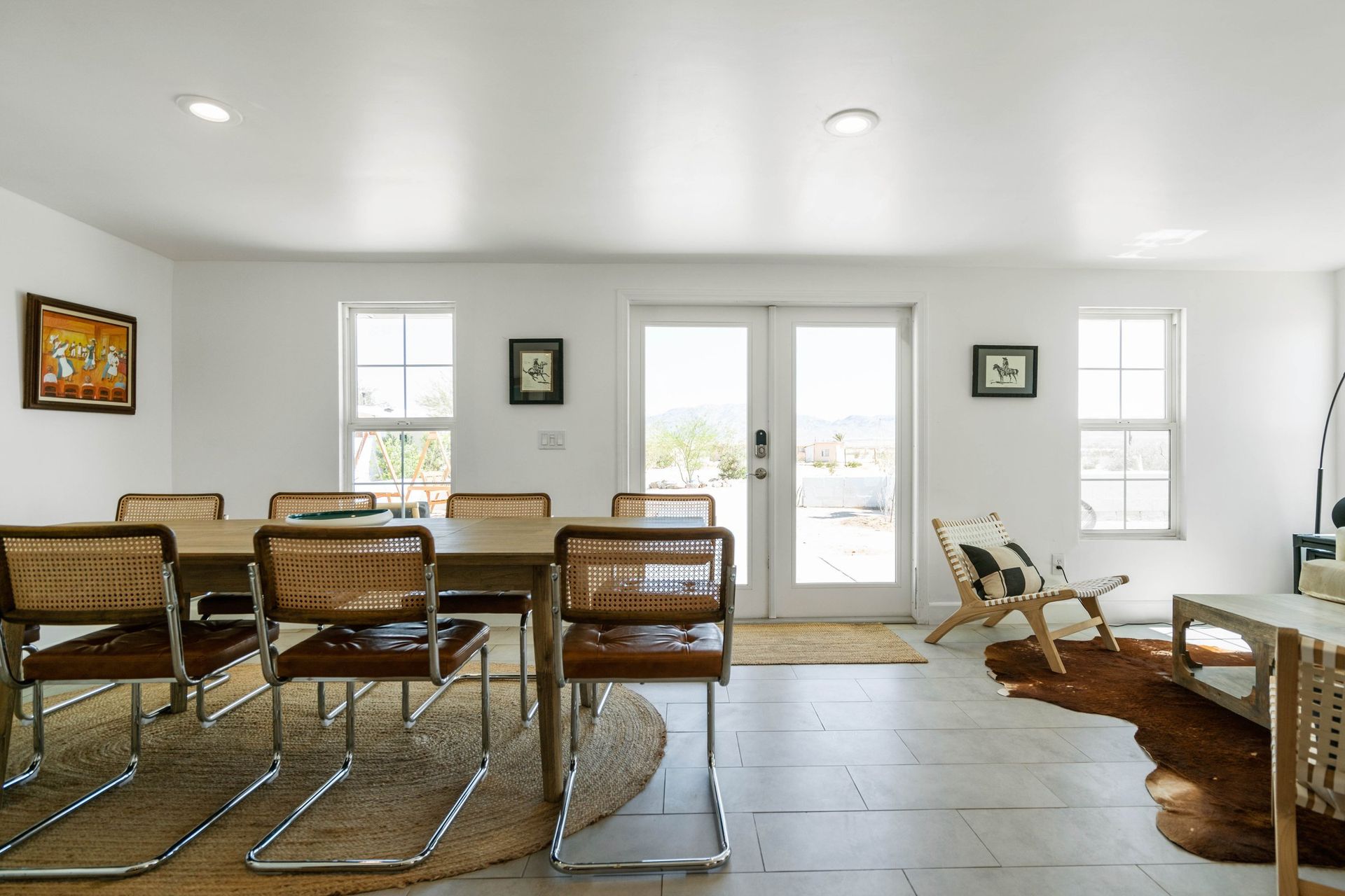 Wonder Valley Ranch dining room with French doors and mountain view