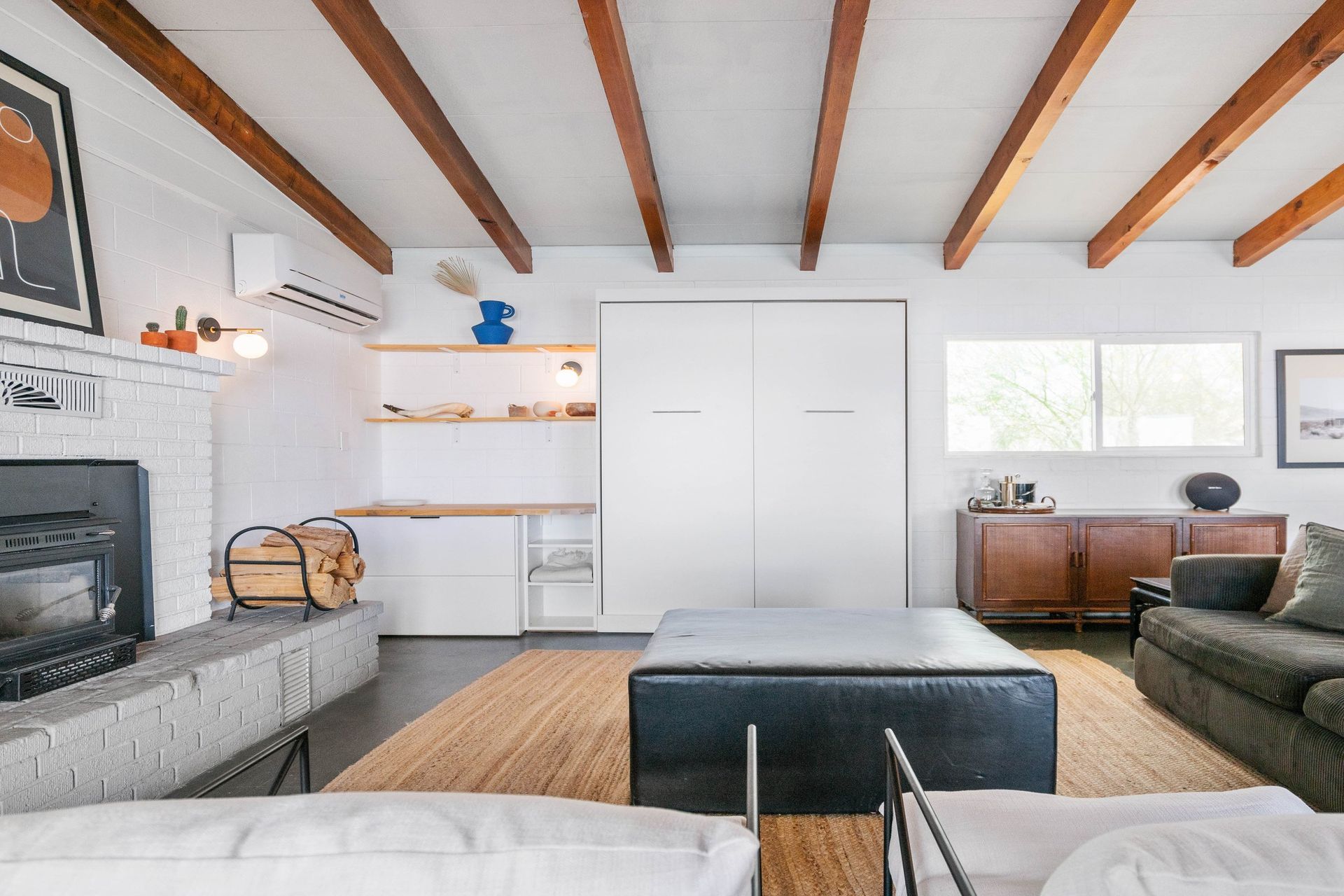 Wonder Valley Ranch great room with vaulted ceiling and exposed beams